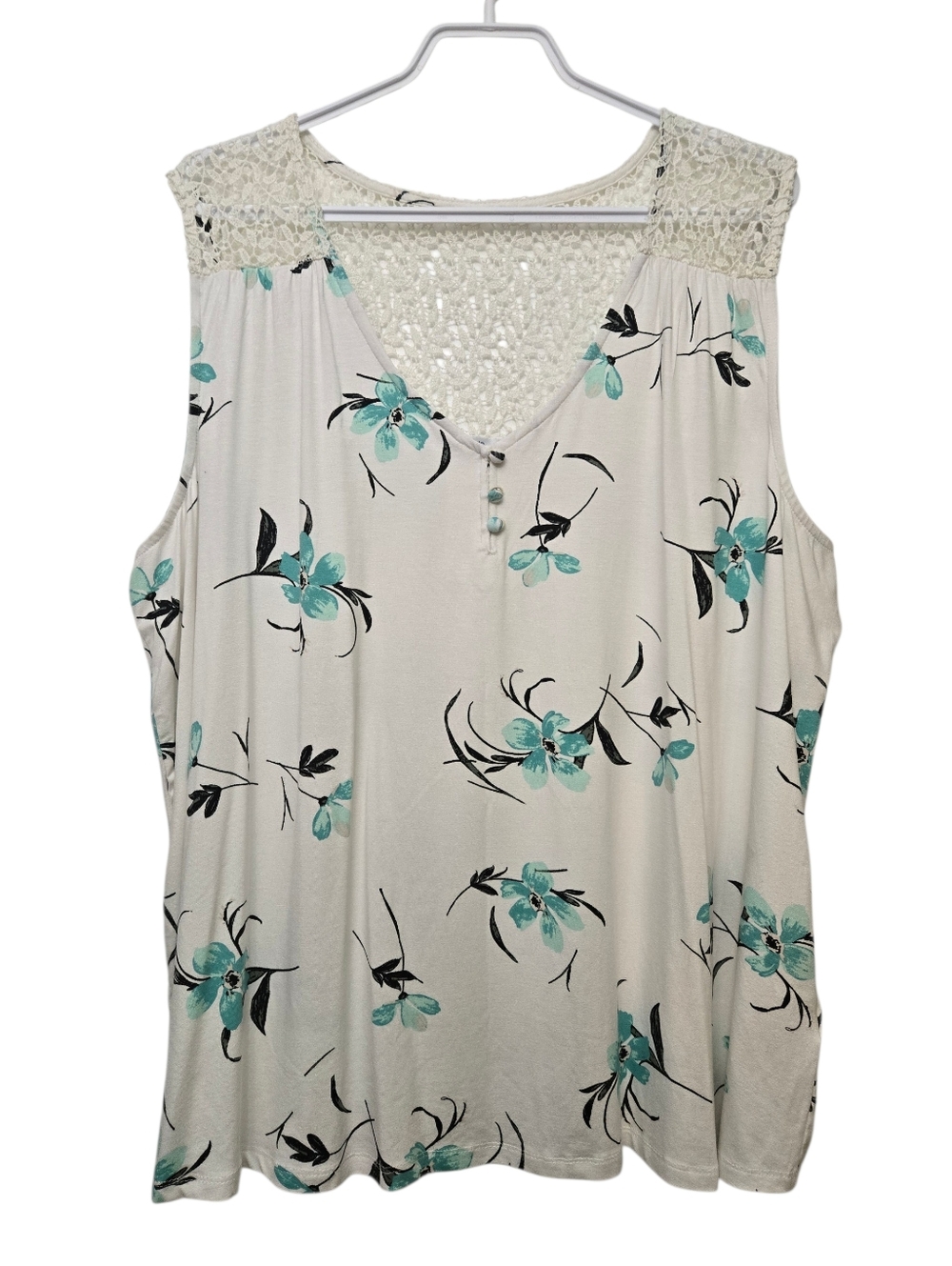 Ricki's Sleeveless Cream Floral V-Neck Top with Crochet Details